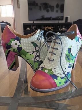 John Fluevog Multicolor Floral Lace-Up Heels with Pink Metallic Toe and Heel